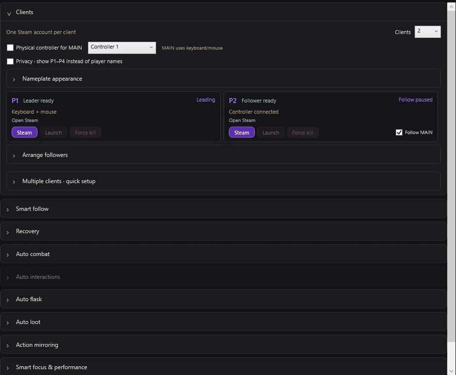 Clients section with P1 and P2 cards, Steam and launch buttons