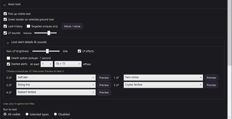 Auto loot panel with LP sound choices for each LP tier