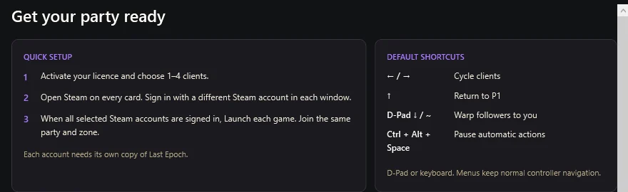 Welcome screen with quick setup steps and default shortcuts