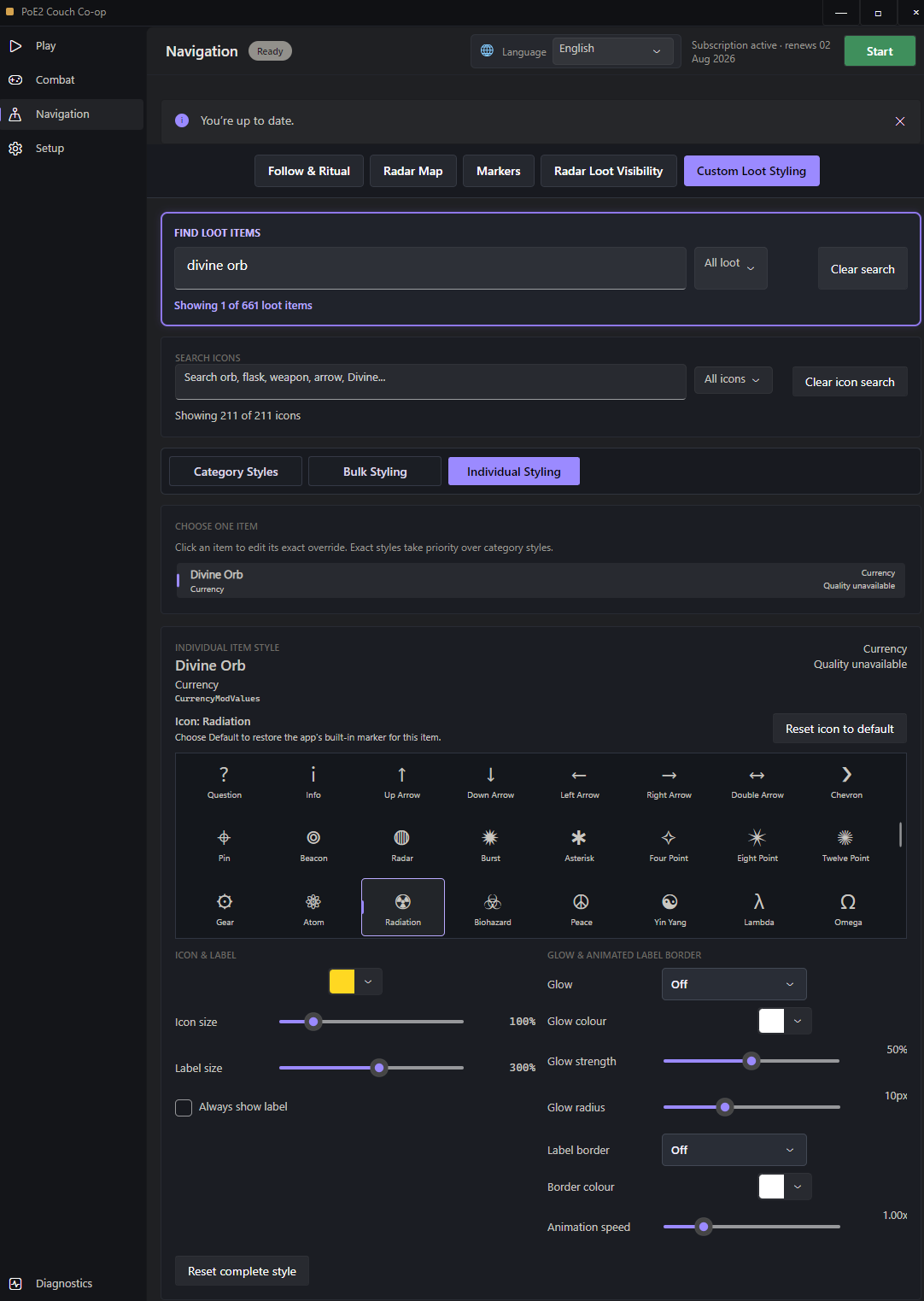 Custom PoE2 loot styling screen with searchable items and icons, label scale and glow controls