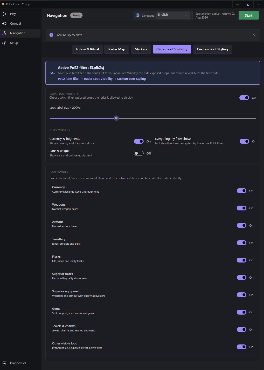 Radar Loot Visibility categories tied to the active Path of Exile 2 item filter