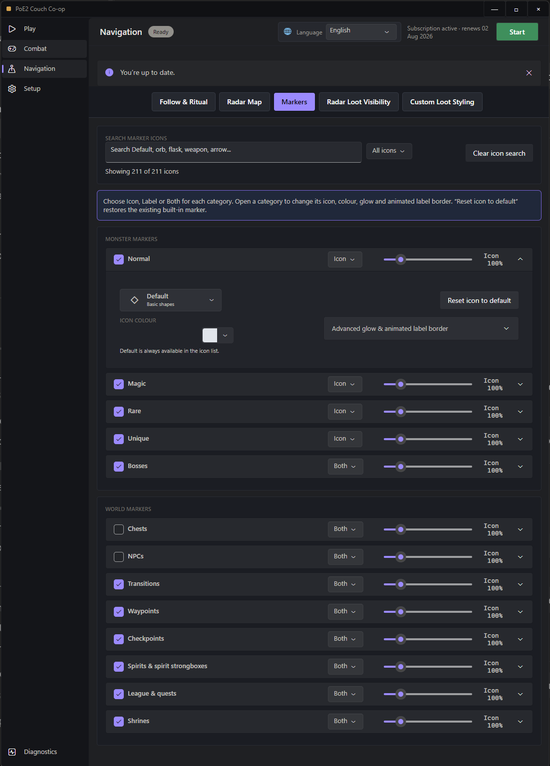 Searchable radar marker controls with icons, labels, scale, glow and animated borders