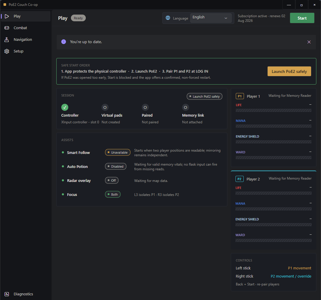 PoE2 Couch Co-op Tool Play dashboard with controller, virtual pad and memory status
