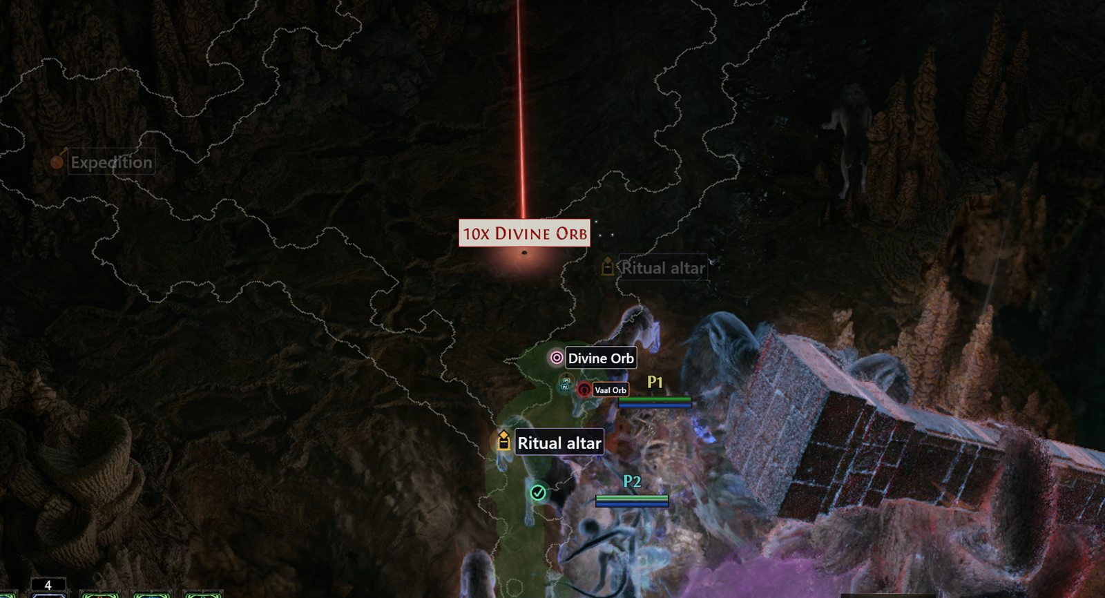 PoE2 radar with a custom Divine Orb label, Vaal Orb marker and Ritual altar