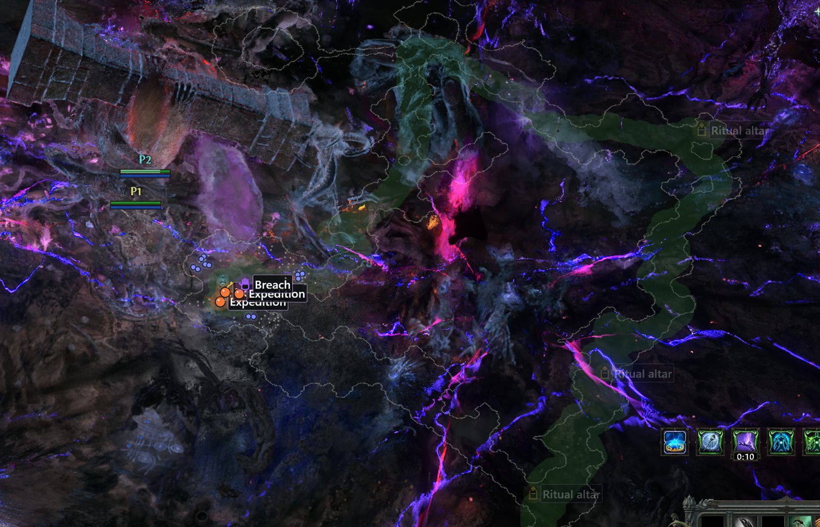 Path of Exile 2 in-game radar showing Breach, Expedition and long-range league mechanic markers