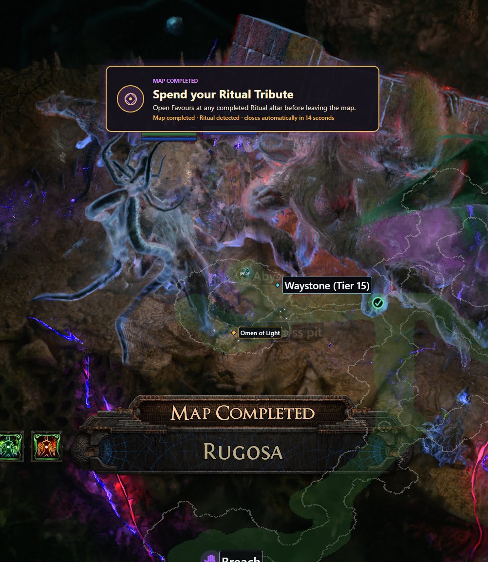 Ritual Tribute reminder displayed after the official PoE2 Map Completed objective
