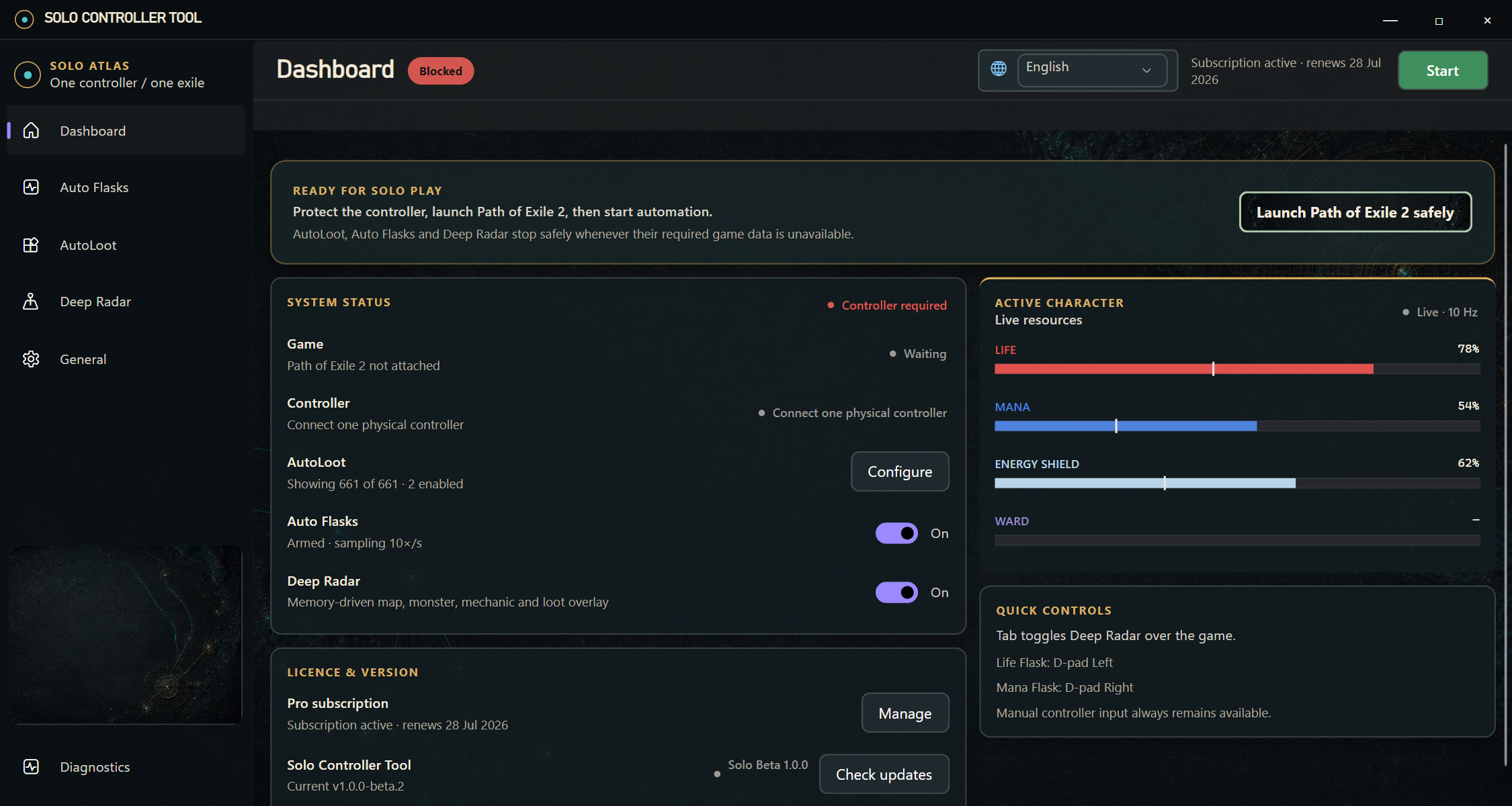 Solo Controller Tool dashboard showing system status, live character resources and quick controls
