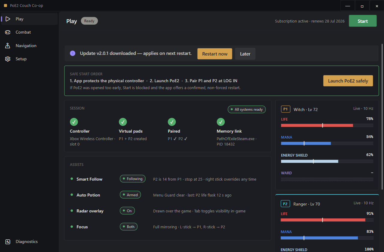 PoE2 Couch Co-op version 2 Play dashboard